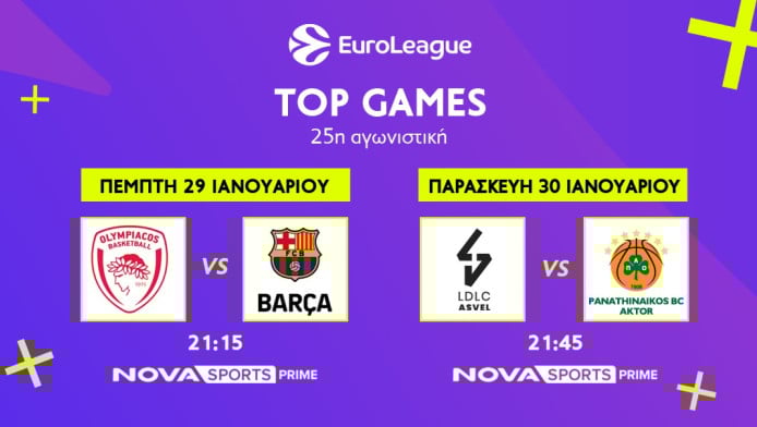 Ολυμπιακός – Μπαρτσελόνα, Βιλερμπάν – Παναθηναϊκός στη EuroLeague στη Nova