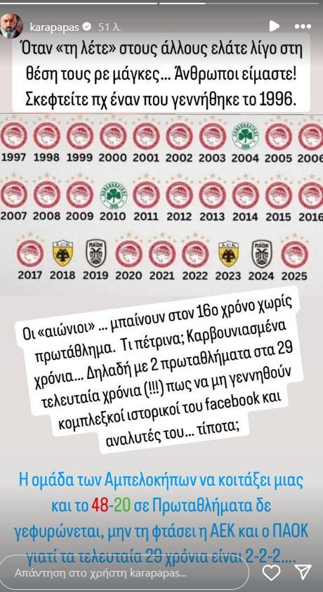 Καραπαπάς για ΠΑΟ: "16 καρβουνιασμένα χρόνια - Μην τους φτάσει η ΑΕΚ..."