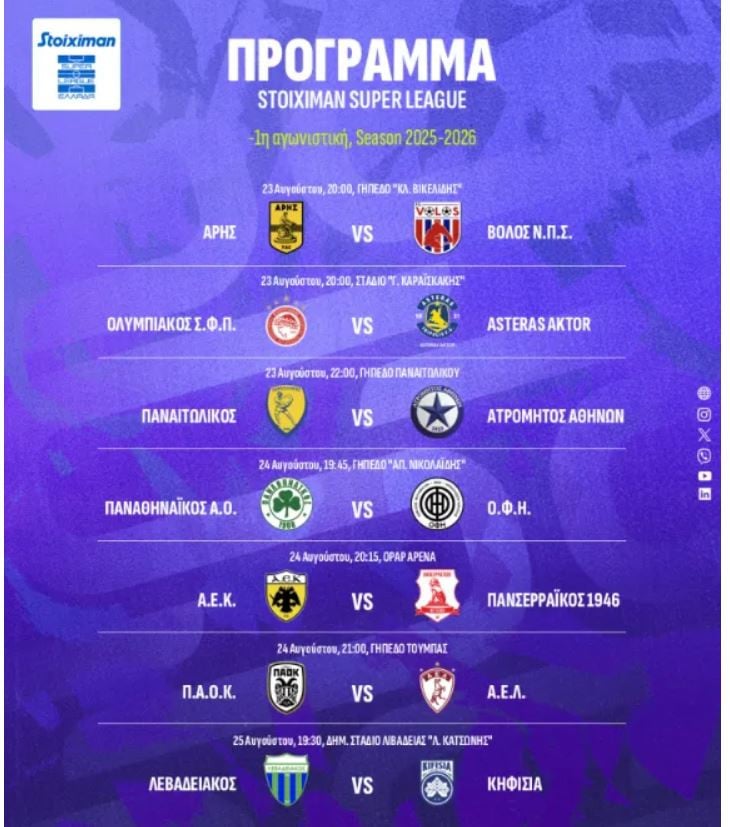 Super League: Το πρόγραμμα της 1ης αγωνιστικής