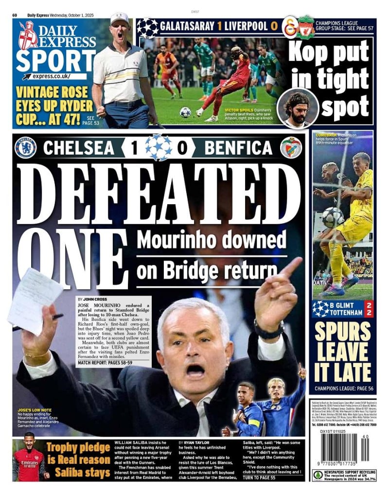 Defeated One! Τρομερό πρωτοσέλιδο της Daily Express για Μουρίνιο