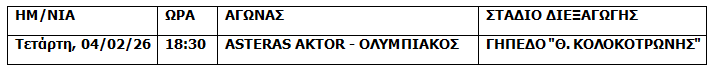 Επίσημο: Τότε θα γίνει το Αστέρας Τρίπολης-Ολυμπιακός