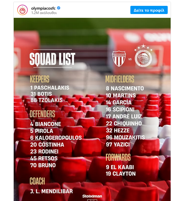 Ολυμπιακός: Η αποστολή για τον αγώνα με Λεβαδειακό - Ένας μέσα και ένας έξω